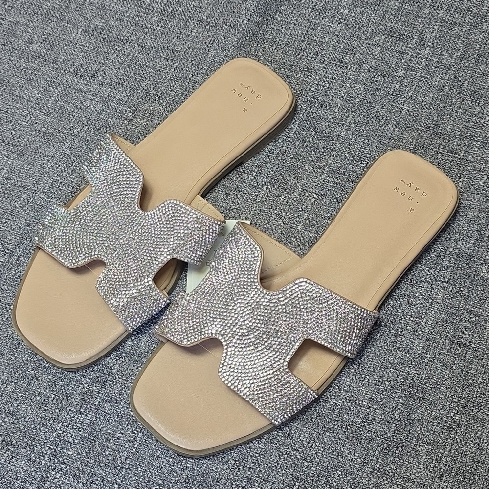 Women's Nina Rhinestone Flat Sandals Silver - A New Day - SIZE 8W